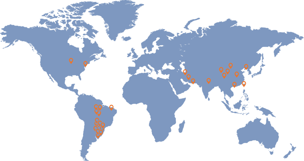 Weltkarte mit Ländern, in denen APLAN Projekte realisiert hat — Brasilien, Argentinien, USA, VAE, Iran, Indien, China, Taiwan und die Philippinen